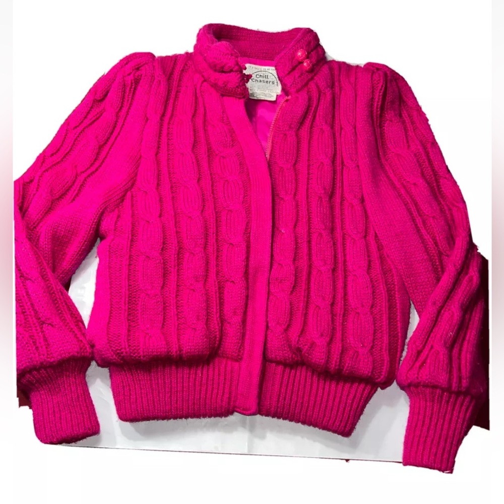 Barbie sweater jacket Chill chasers HOT PINK knit puff sleeves Zip up QUILTED M